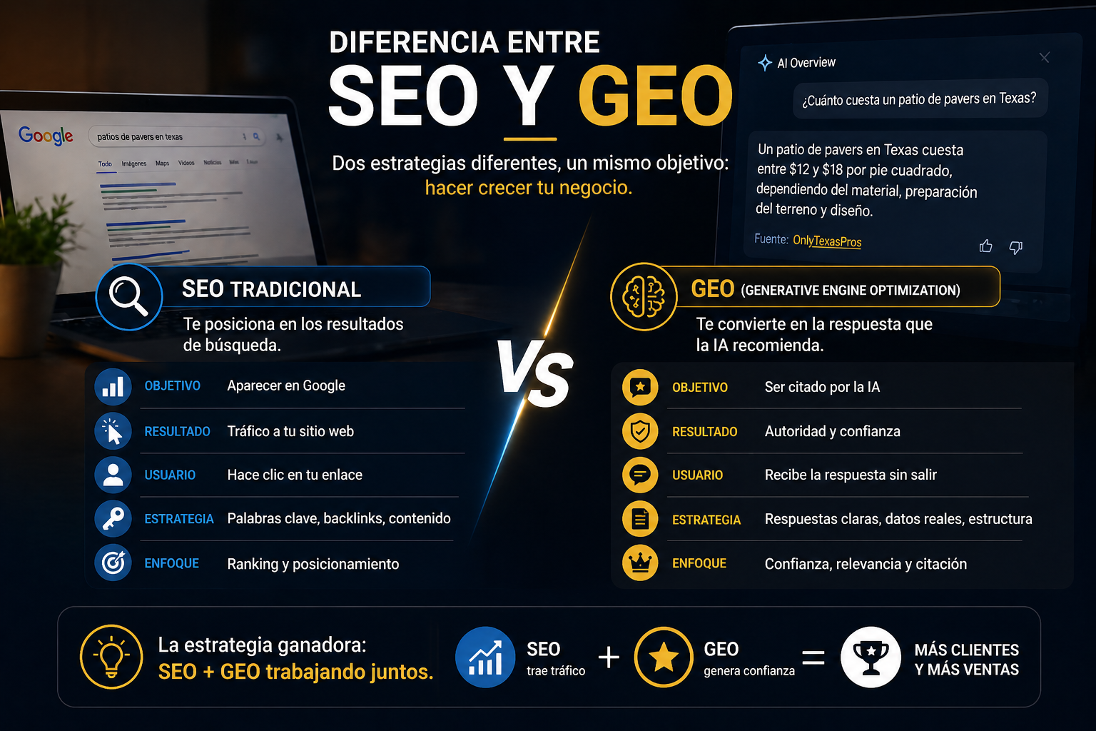 Comparación entre SEO tradicional y GEO para posicionar negocios en Google AI y generar más clientes