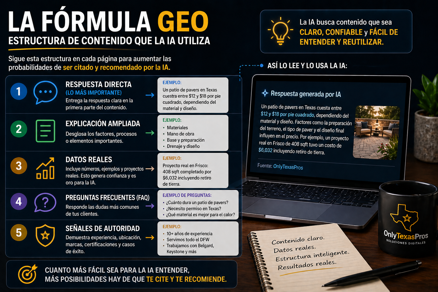 Estructura de contenido GEO para crear respuestas que la inteligencia artificial utiliza en Google AI