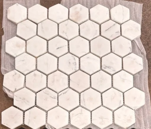White marble look hexagon tile sample
