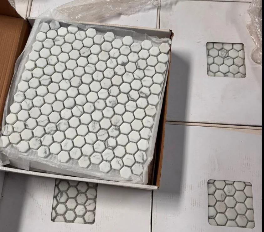 Small white hexagon mosaic tile in box