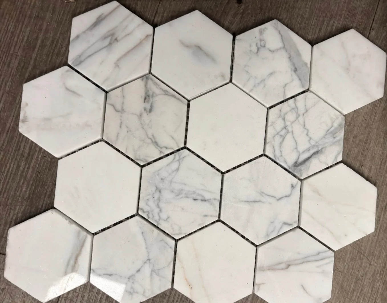 White marble hexagon tile close up