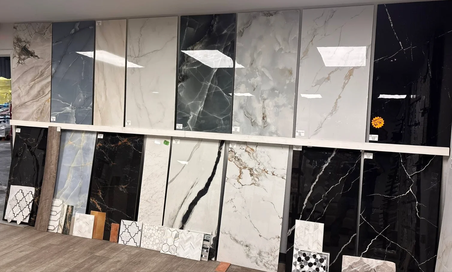 Large format marble look tile wall display