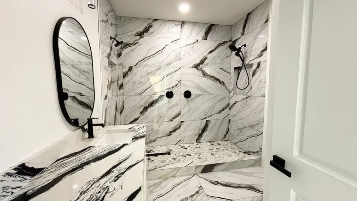 Bold marble bathroom with luxury tile and stone finishes