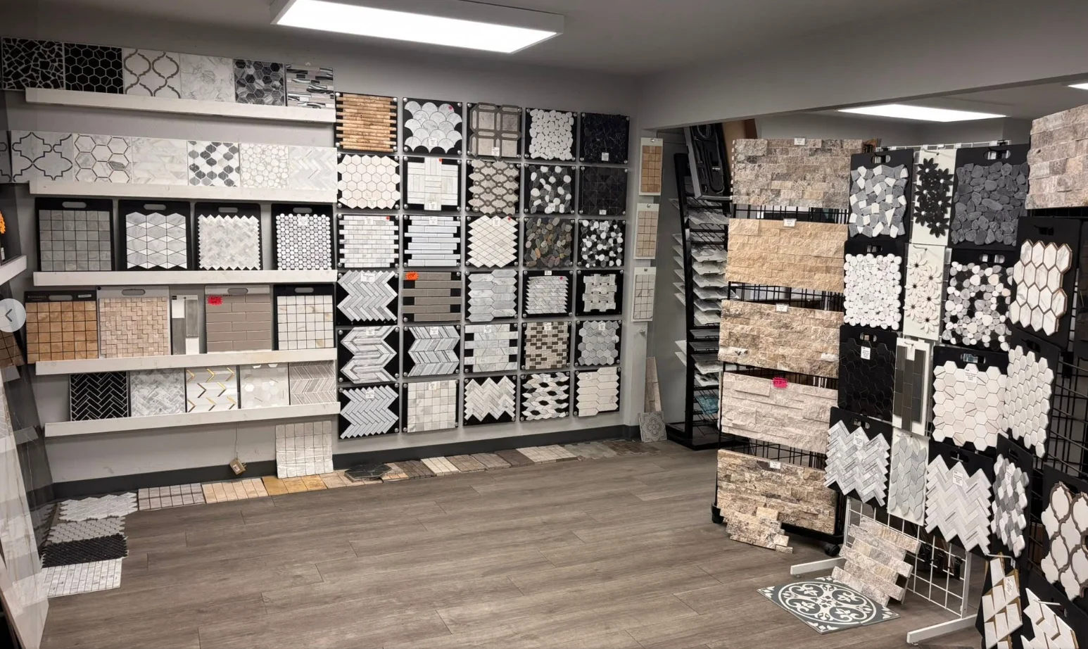 T&M Tile and Stone warehouse showroom with tile and mosaic samples