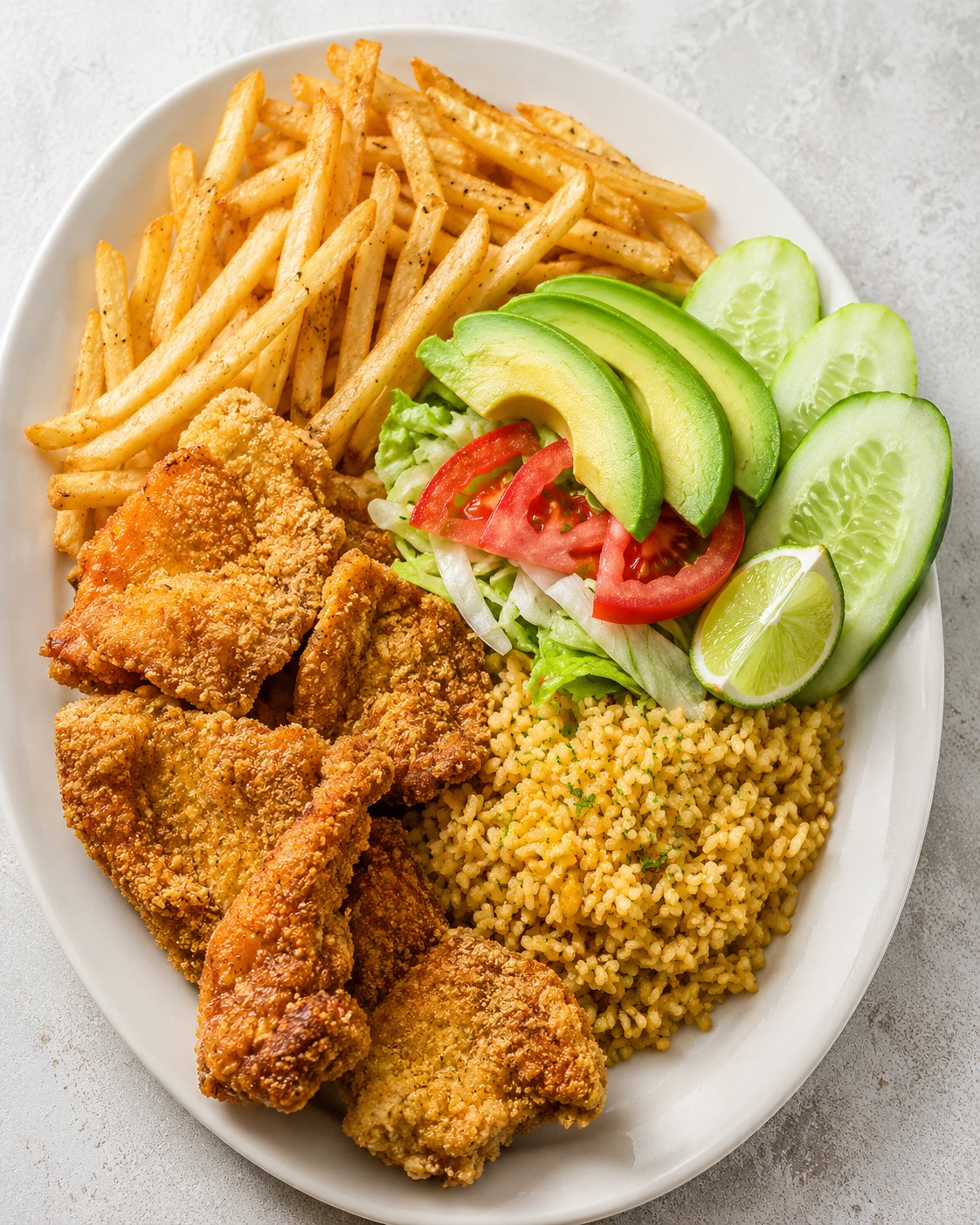 Plato empanizado con papas fritas, arroz y ensalada