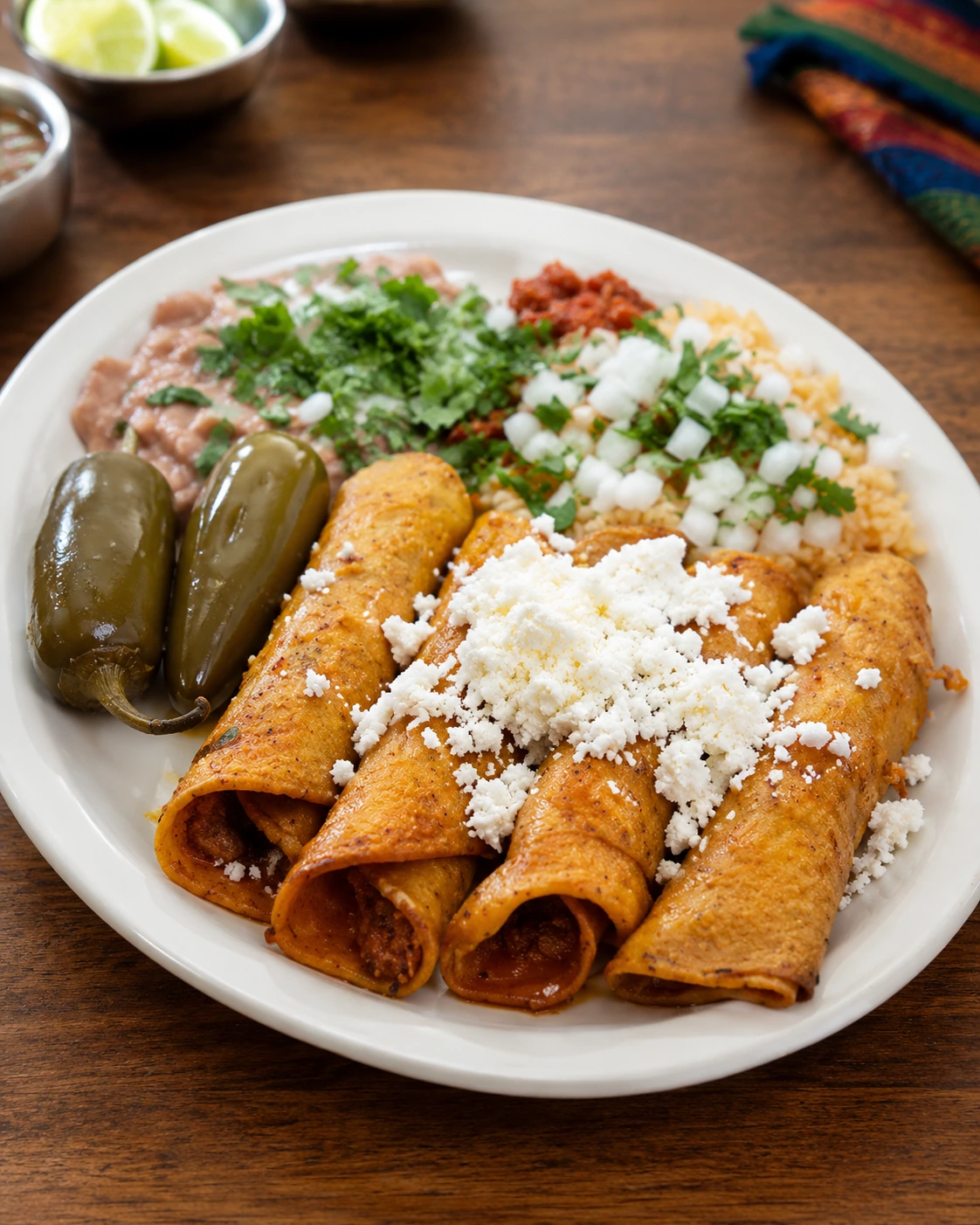 Flautas doradas acompañadas de arroz, frijoles, crema y queso