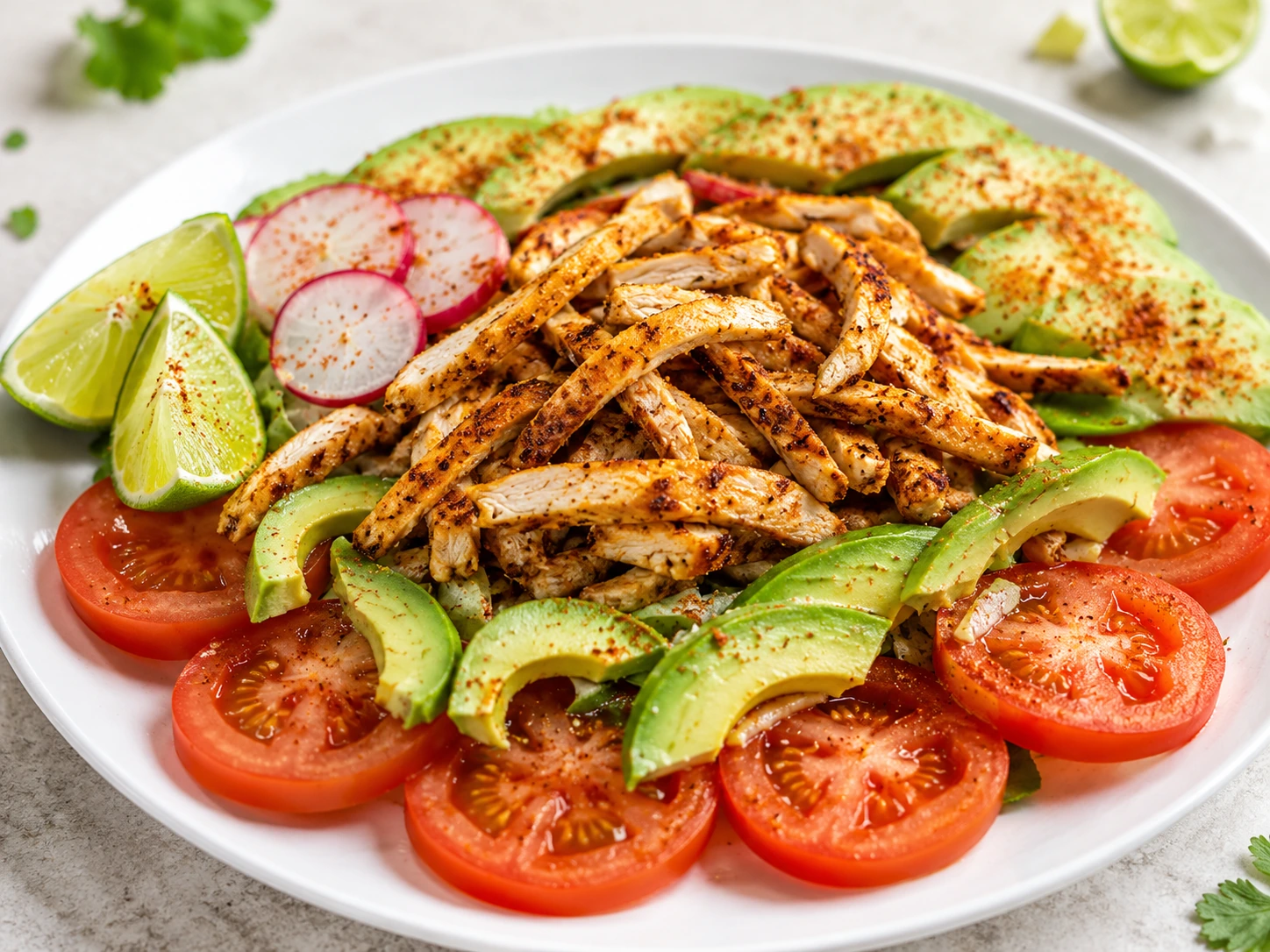 Plato de pollo asado con aguacate y acompañamientos