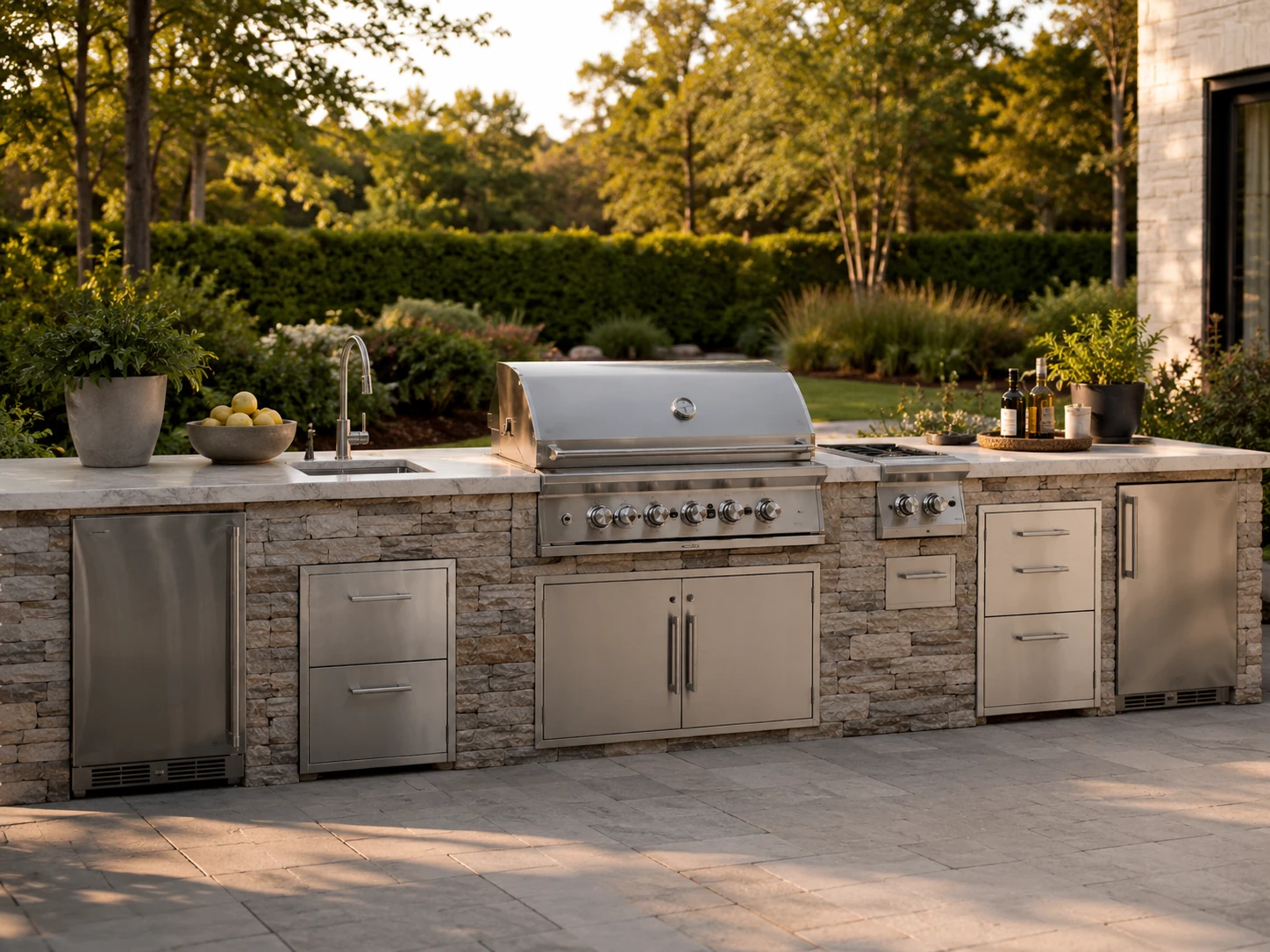 Outdoor kitchen with natural flagstone veneer finish