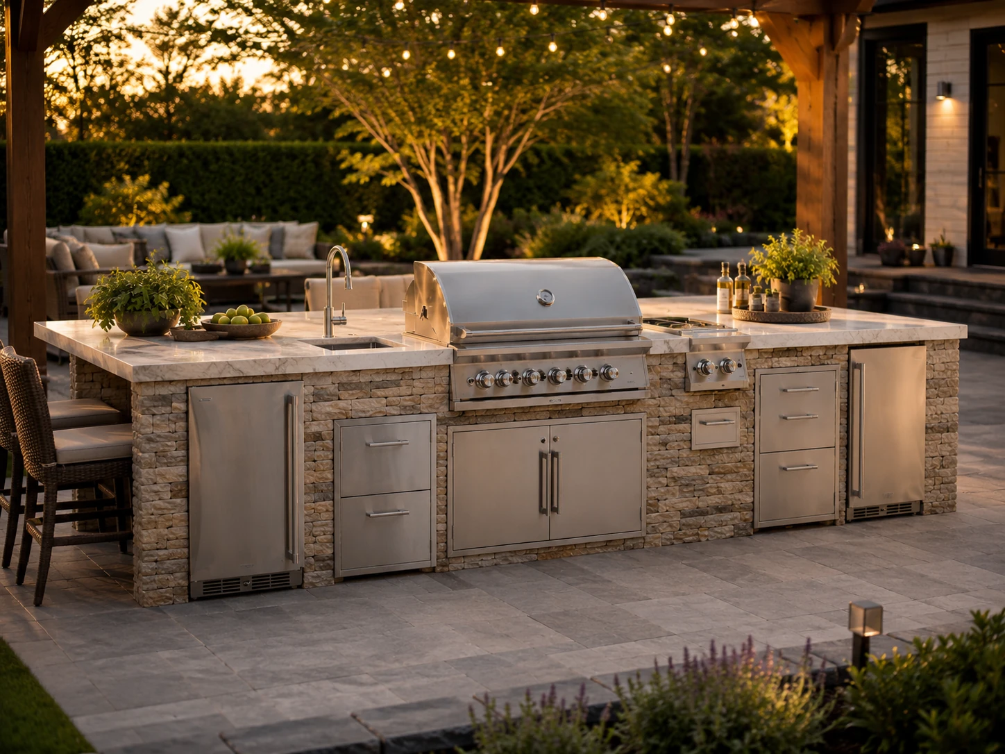 Luxury outdoor kitchen island with flagstone, stainless steel appliances and premium slab countertop