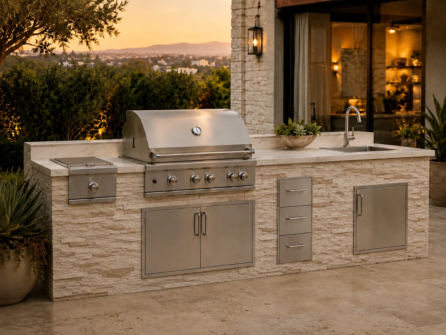 Outdoor kitchen with ledgestone stacked stone veneer