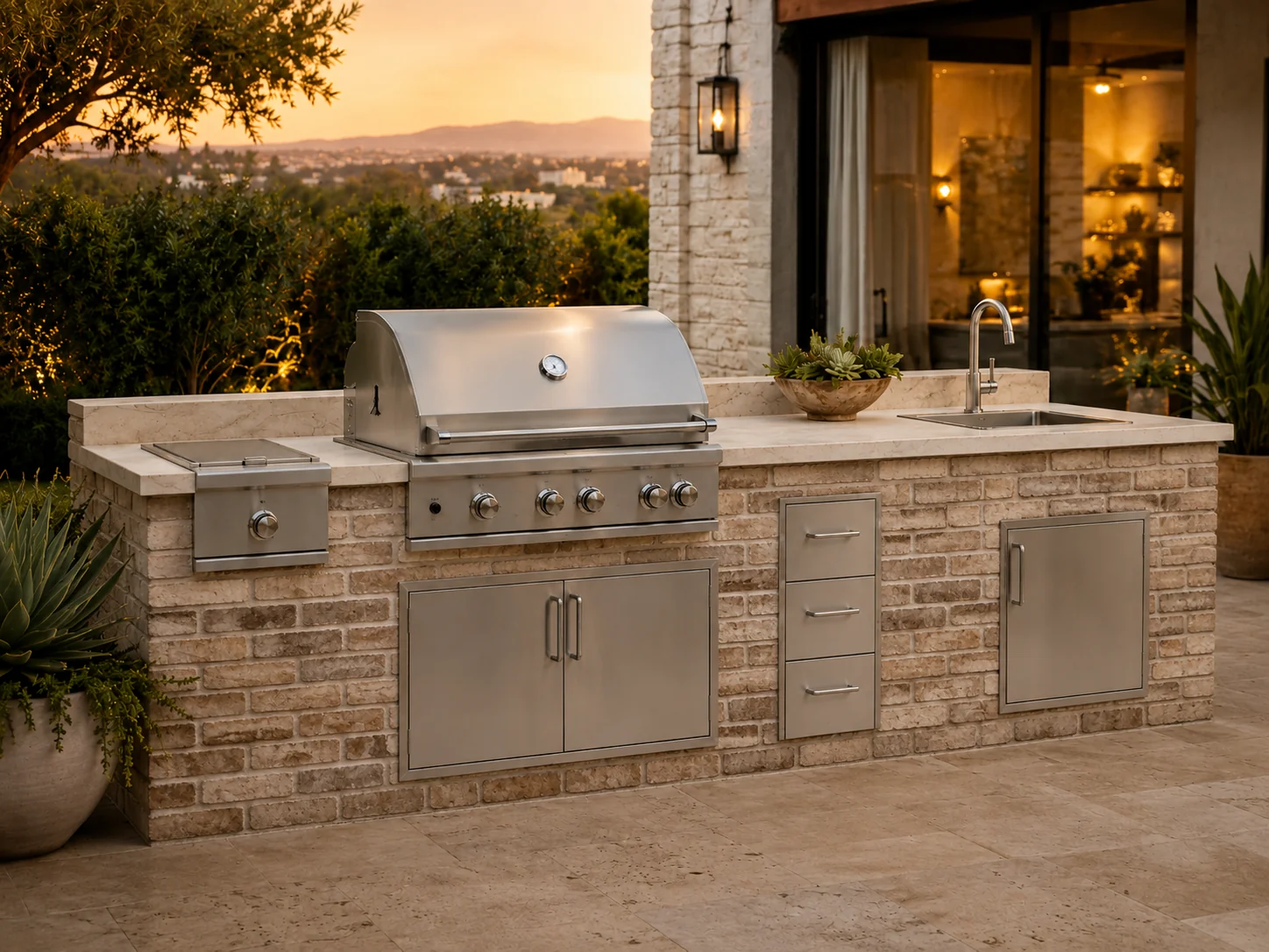 Outdoor kitchen with masonry brick exterior finish