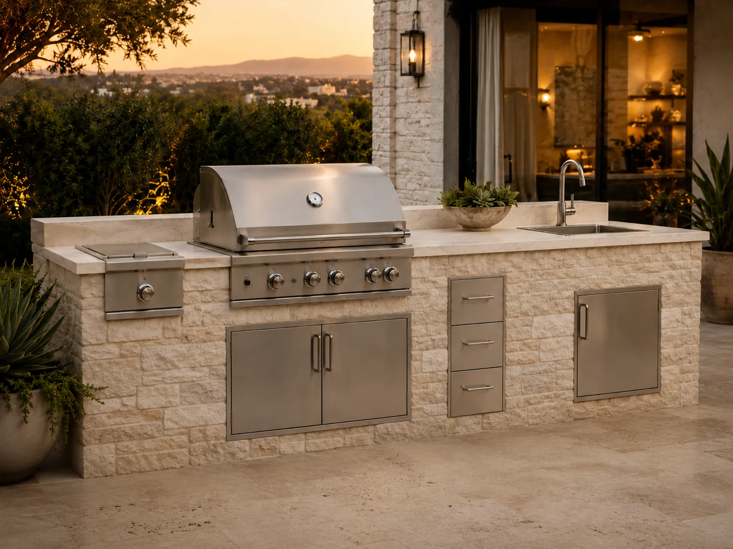 Luxury outdoor kitchen with natural stone veneer exterior