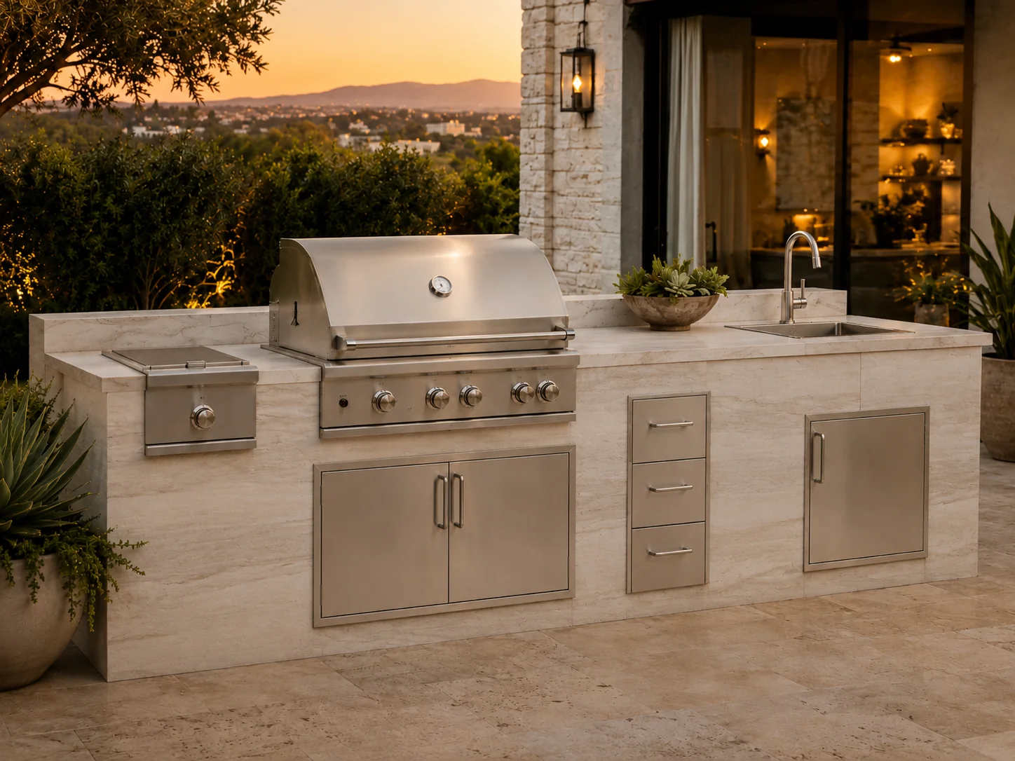 Modern outdoor kitchen with porcelain veneer exterior finish