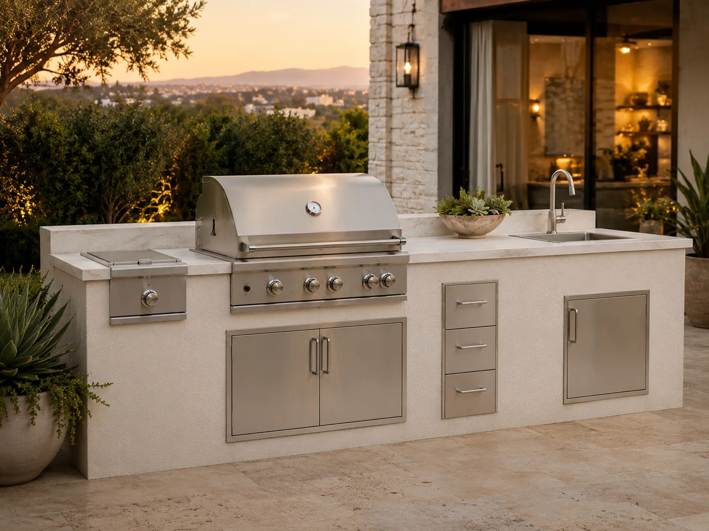 Outdoor kitchen with smooth stucco exterior finish