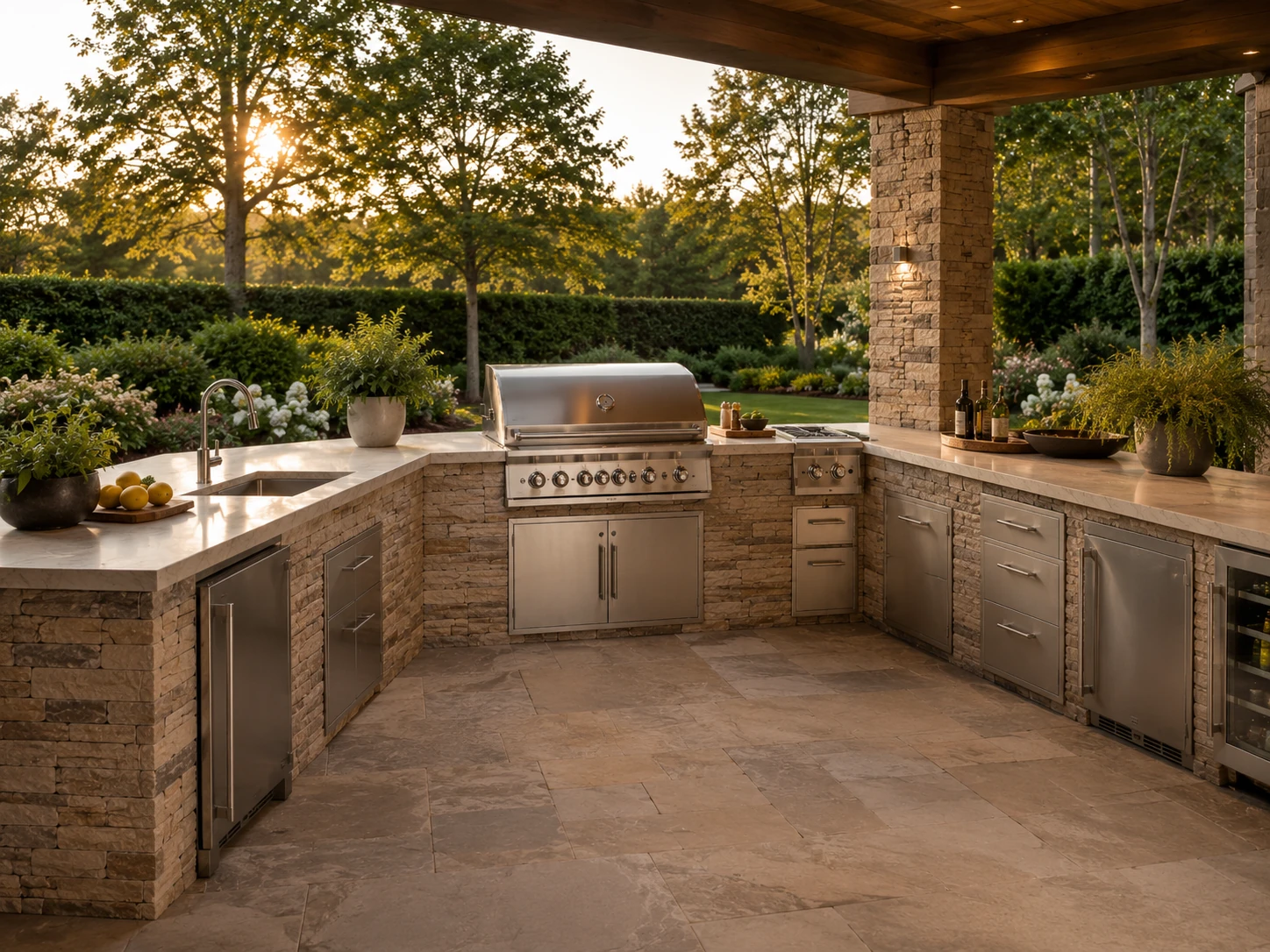 U-shaped outdoor kitchen with flagstone veneer, built-in grill, storage and premium countertop