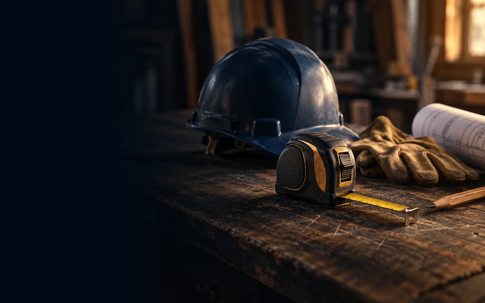 Herramientas de trabajo junto a material de proyectos de un profesional de servicios.