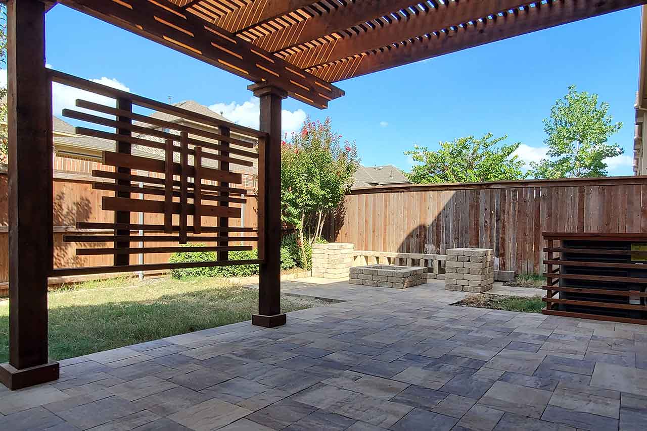 OnlyTexasPros 18 Modern-Cedar-Pergola-with-Paver-Patio-&-Stone-Firepit
